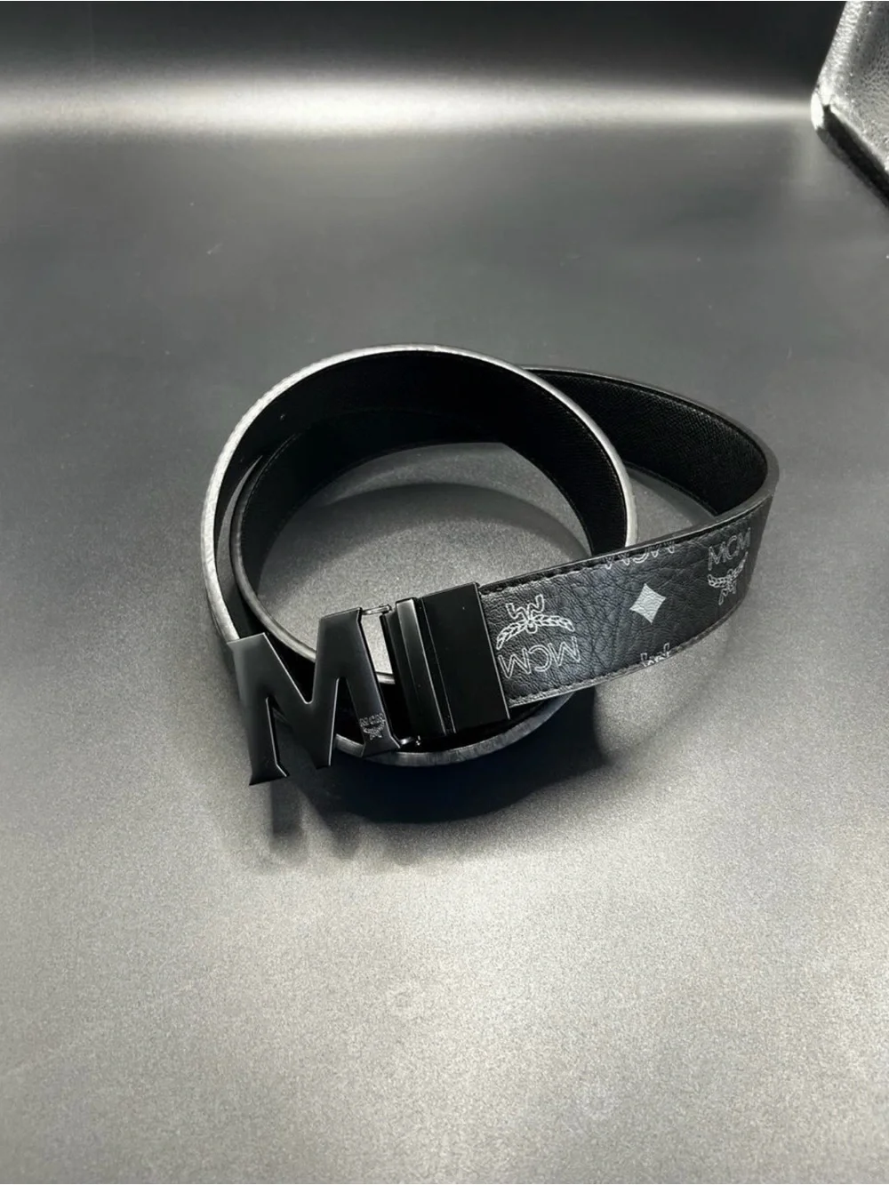 MCM Black Monogram M-Buckle Belt with Silver Accents